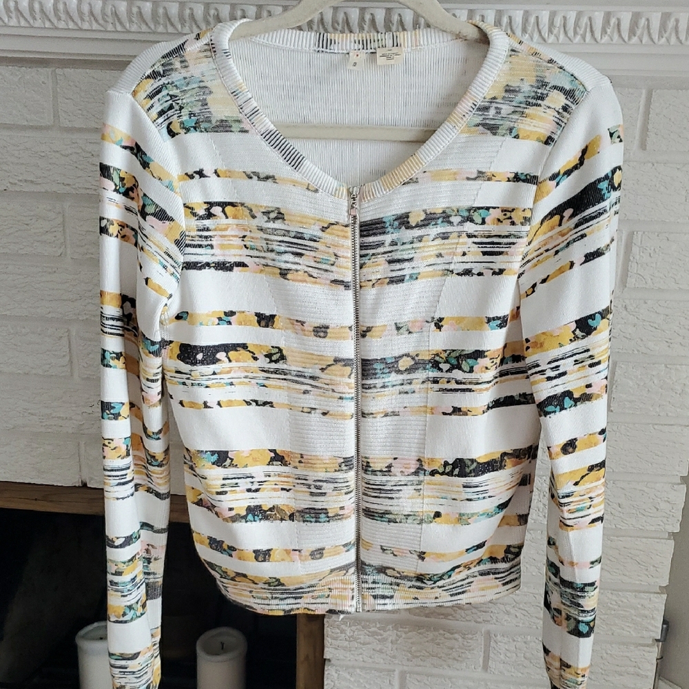 Moth By Anthropologie Stripped Floral Zip-Up Cotton Blend Cardigan Size S
